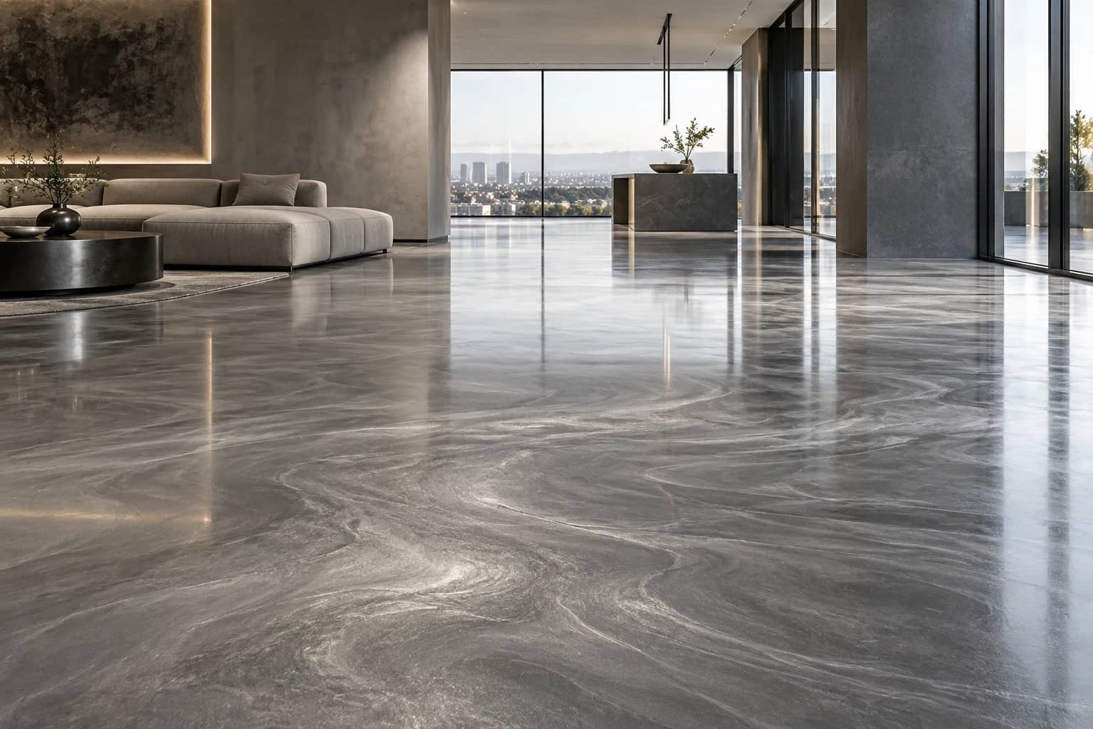 Silver metallic resin floor in a contemporary showroom