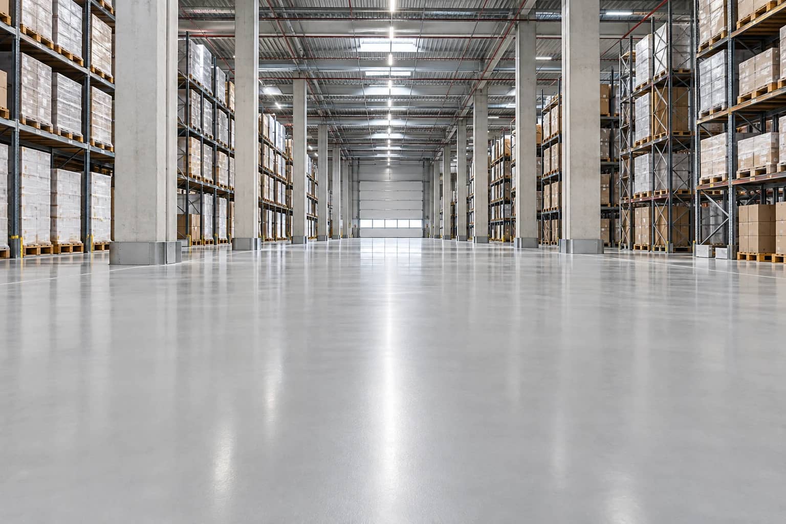 Grey resin floor in a long industrial hall